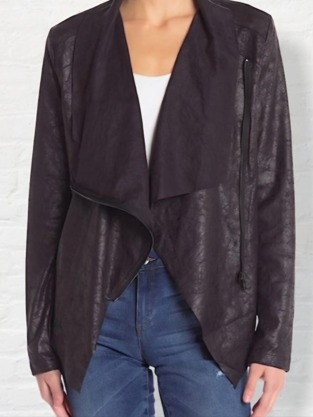 Vigoss Dark Black Draped Faux-Leather Jacket